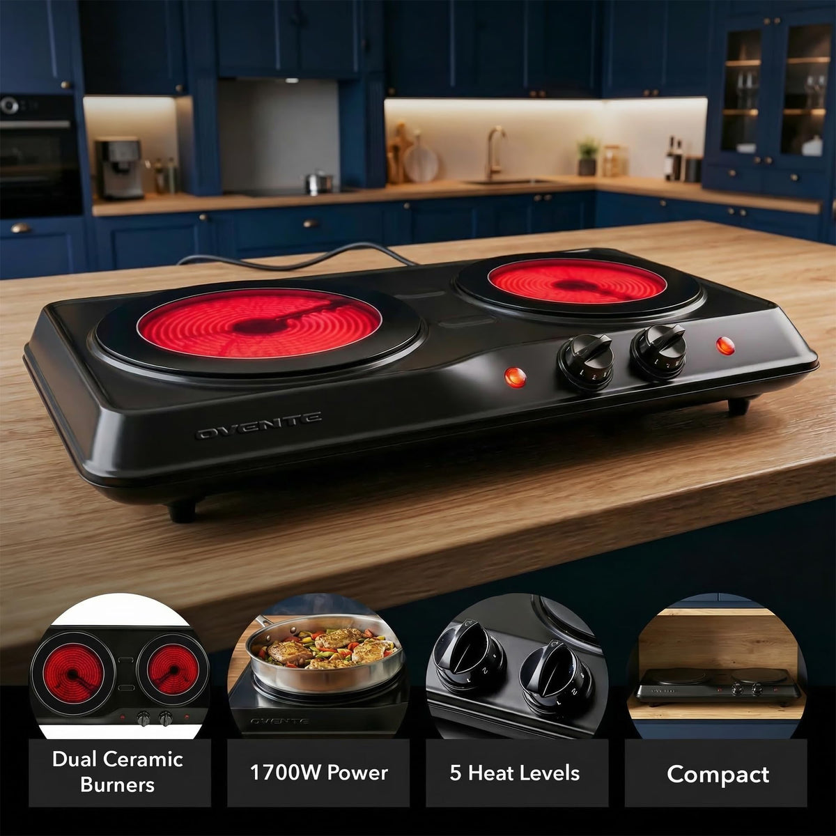OVENTE BGI102B thermostat control knob enabling precise heat for even cooking.