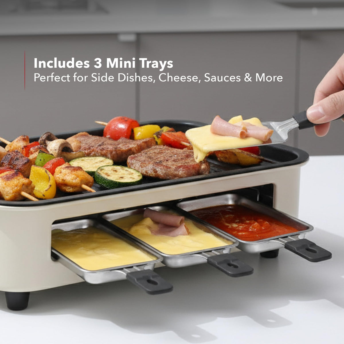 OVENTE even-heat distribution ensures consistent browning across steak and veggies.