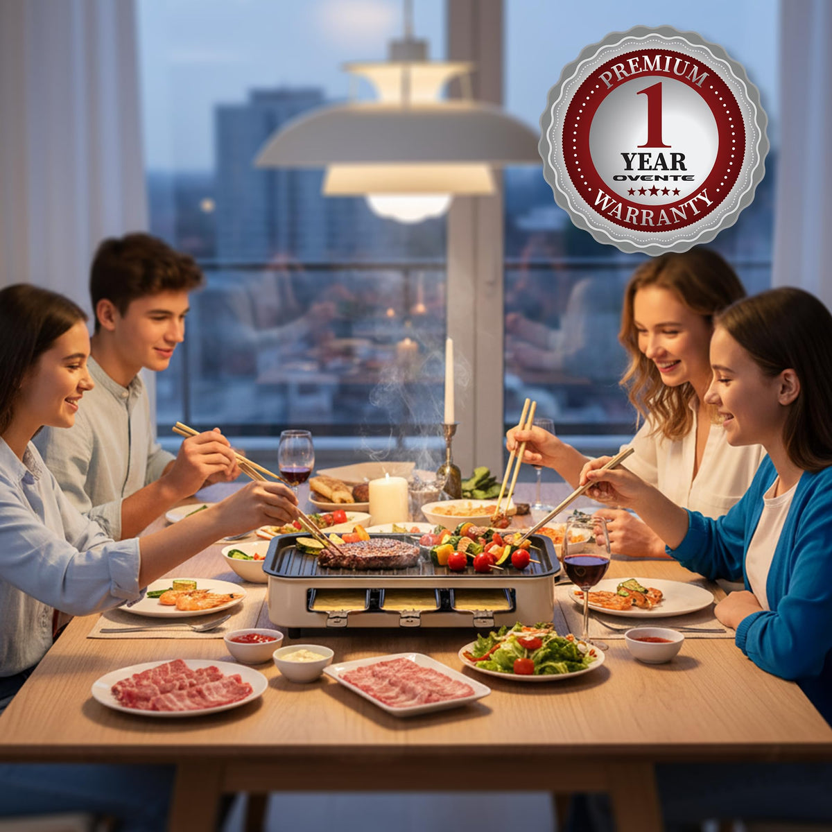 OVENTE 3 raclette trays enhance shared dipping and melting cheese experience.