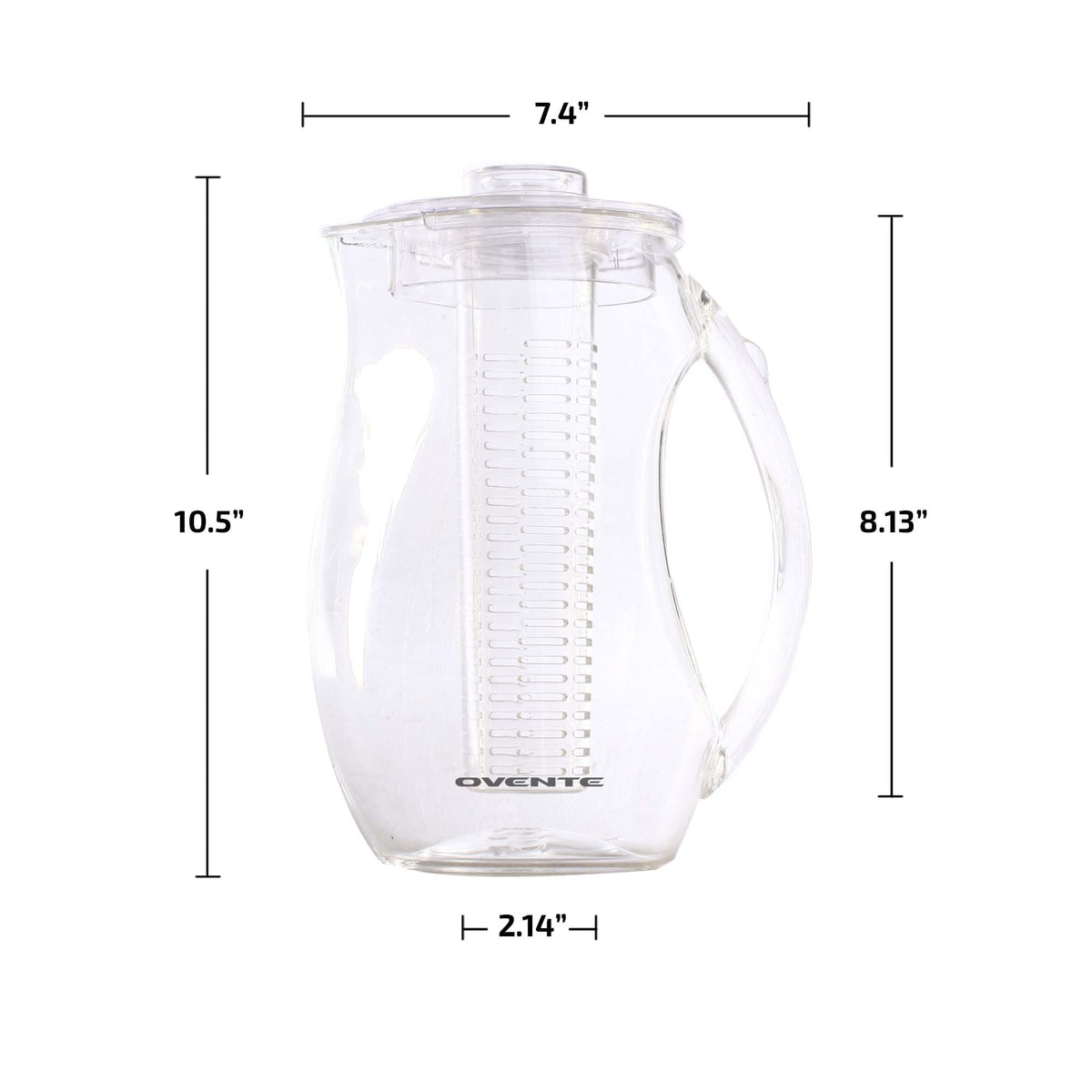 Crystal-clear OVENTE pitcher showcases vibrant infused beverages.