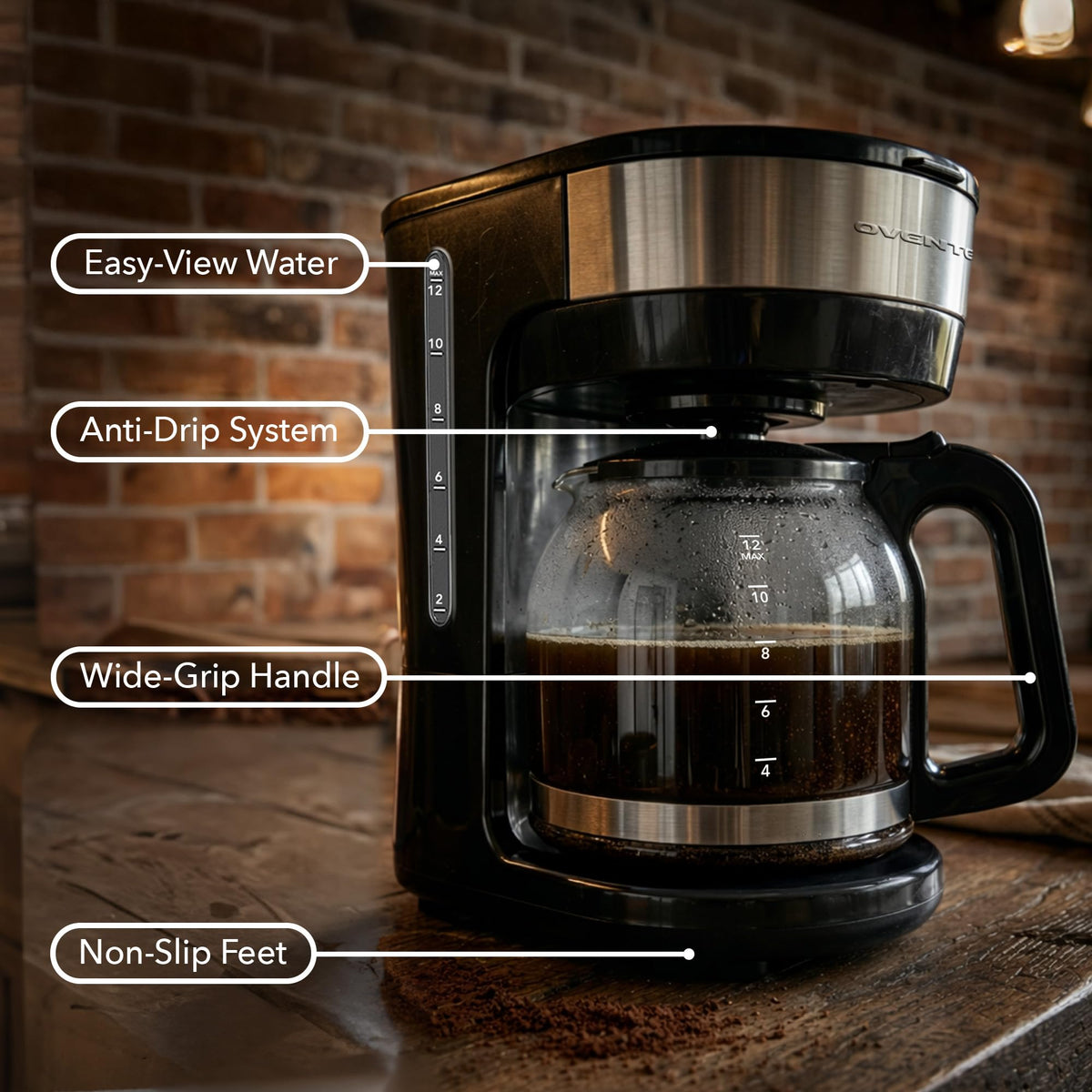 OVENTE CM412B borosilicate glass carafe showing heat resistance
