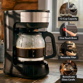 Close-up of the one-touch brew button on the OVENTE CM412B