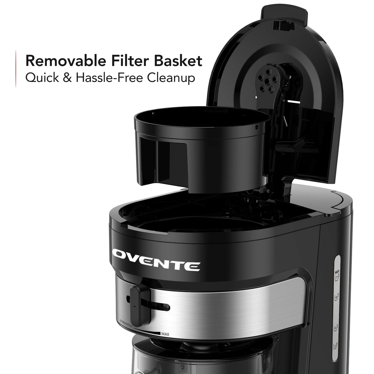 OVENTE CMT215B pitcher and components are dishwasher-safe for quick cleanup
