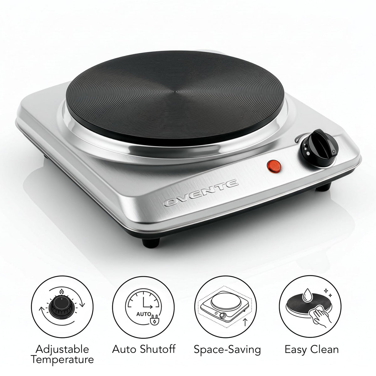 OVENTE control knob on burner for precise temperature adjustment.