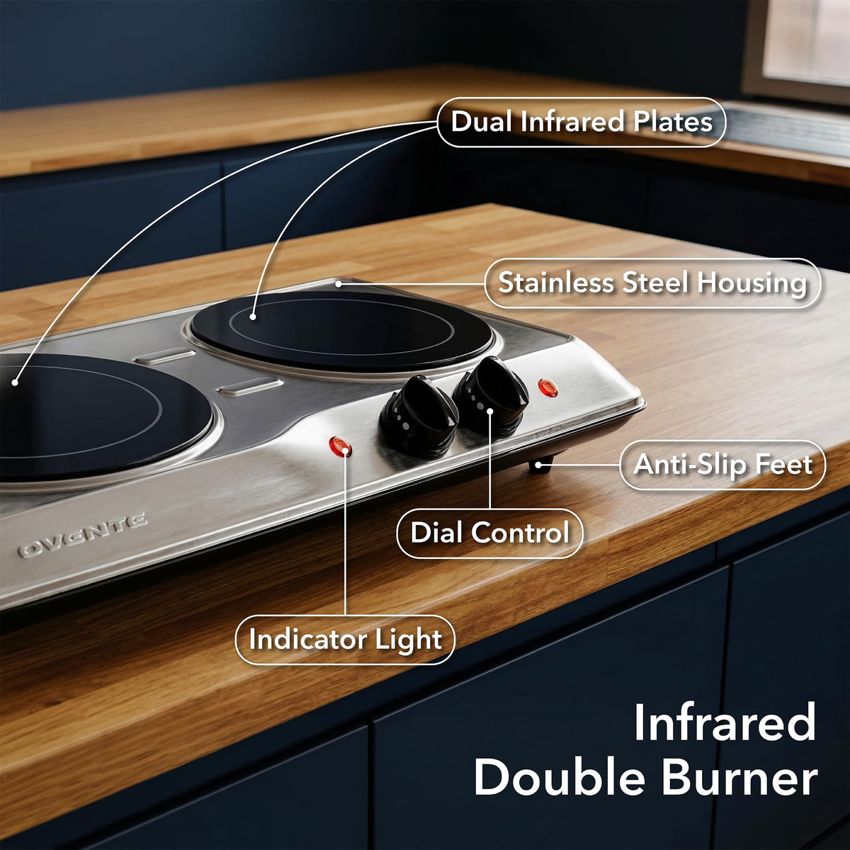 OVENTE temperature control knob enabling precise heat adjustment