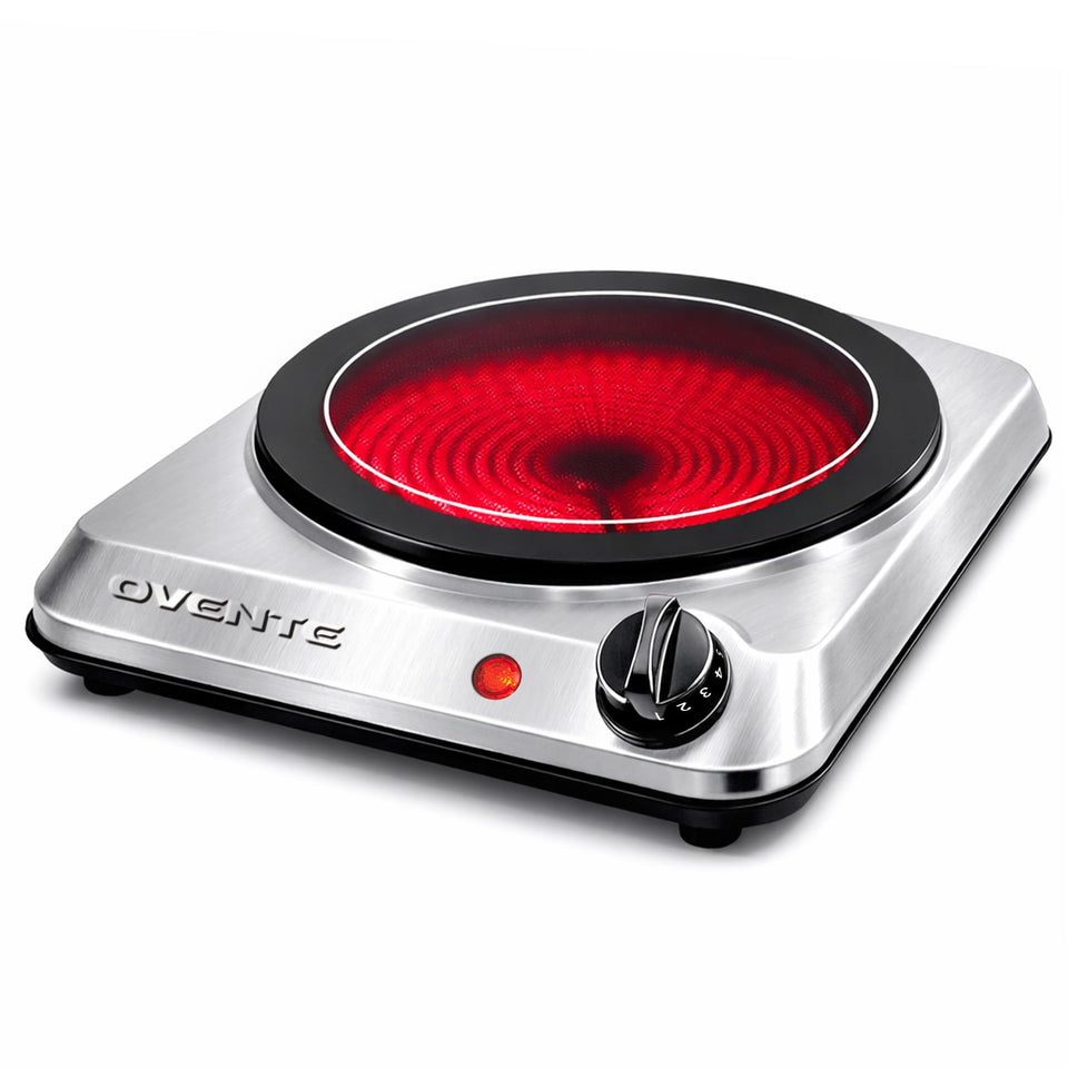 OVENTE countertop infrared single burner on a 7-inch ceramic glass top for quick, even heating.