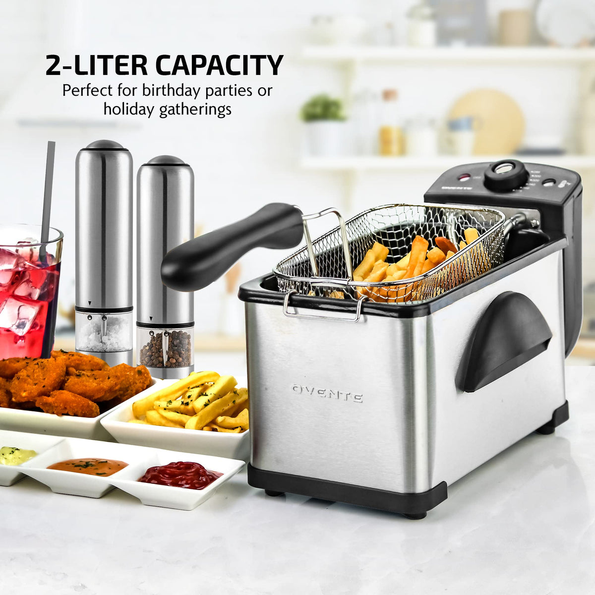 OVENTE deep fryer showing 1500W heating for quick results
