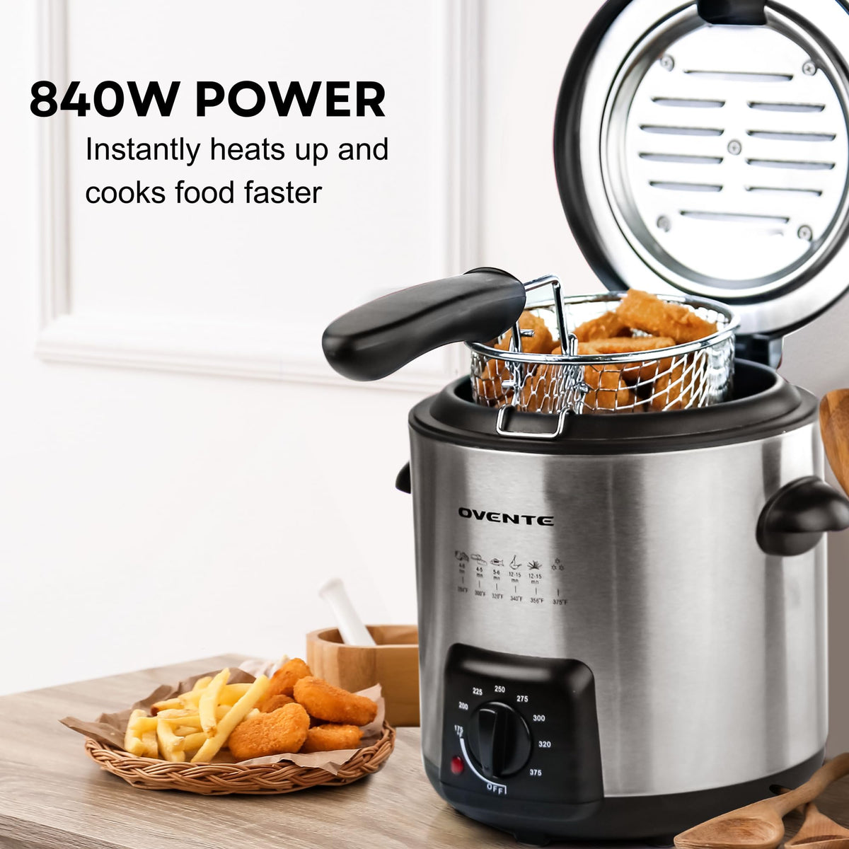 OVENTE deep fryer with adjustable temperature for versatile cooking.