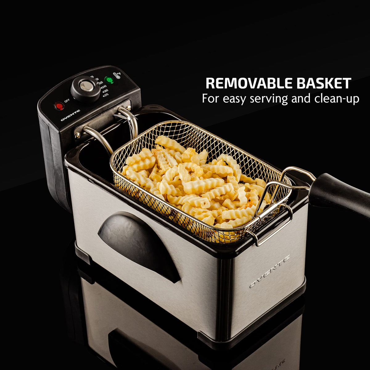 Adjustable temperature on OVENTE fryer from 275°F to 375°F