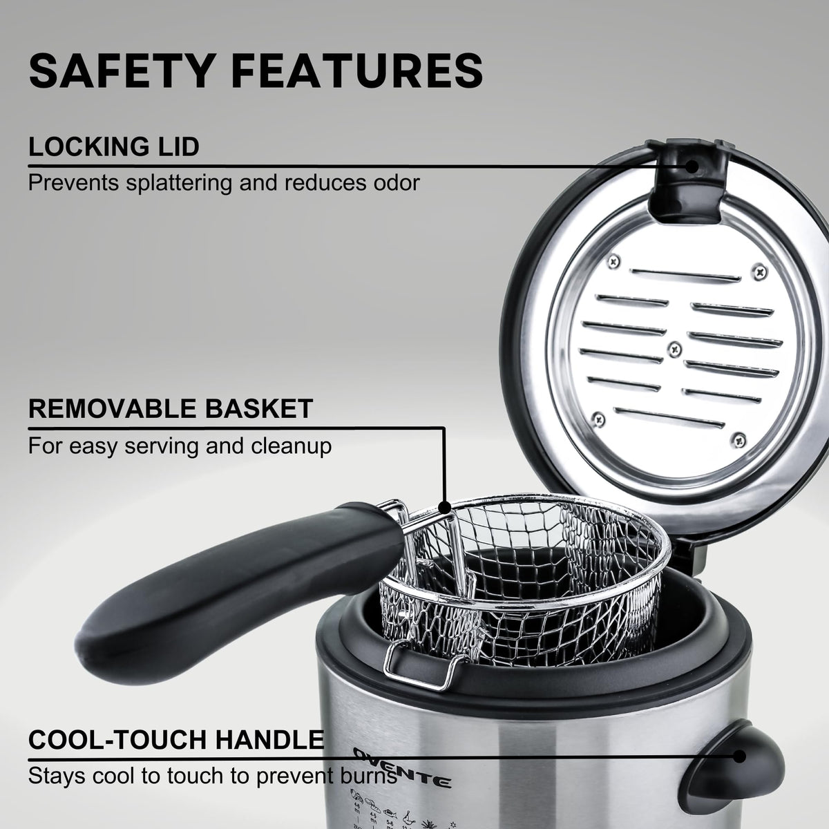 OVENTE deep fryer cool-touch handles for safe handling.