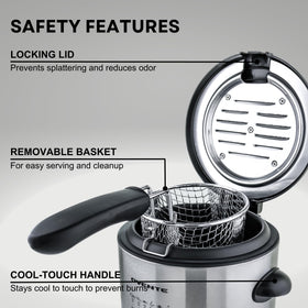 OVENTE deep fryer cool-touch handles for safe handling.