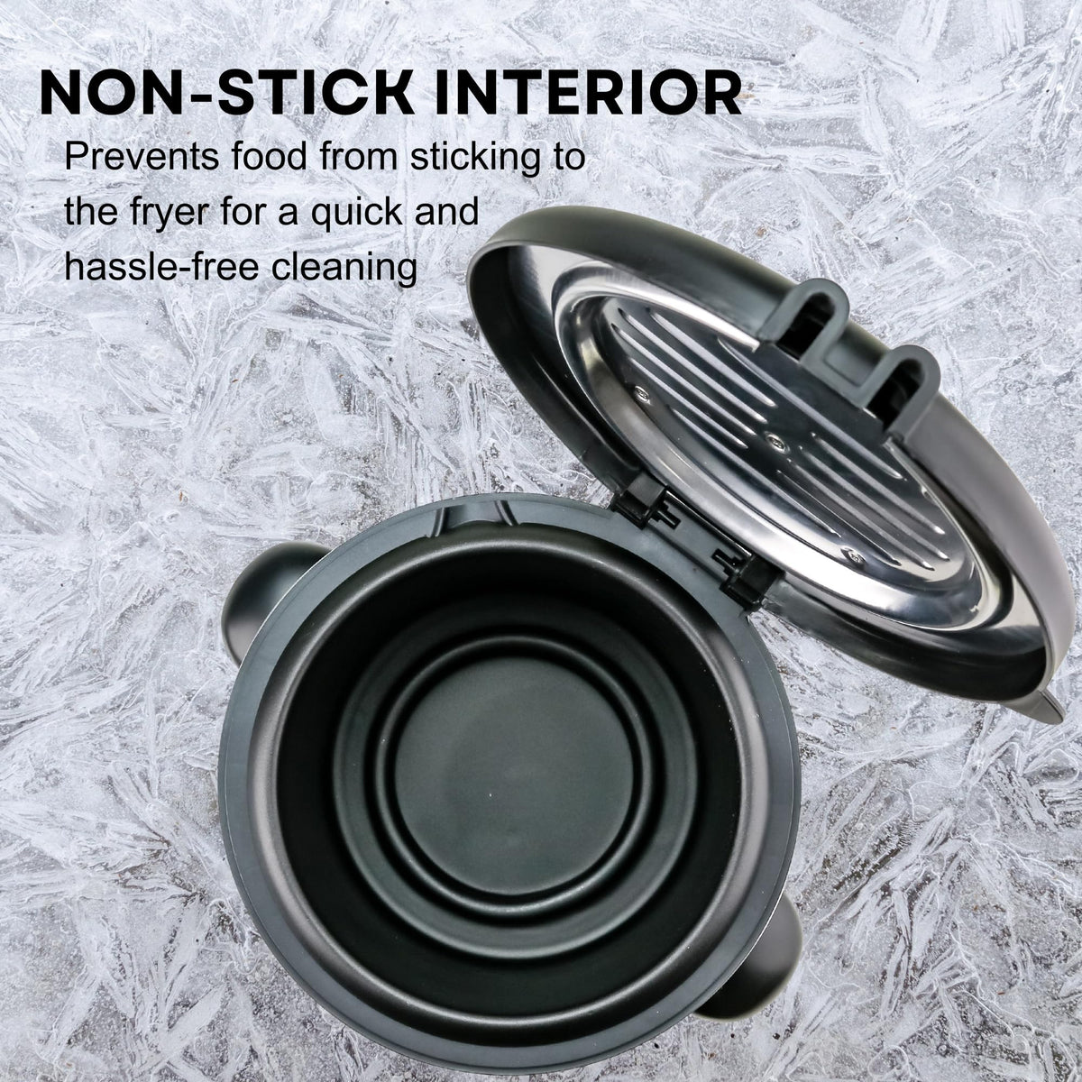 OVENTE deep fryer removable fry basket for easy cleaning.