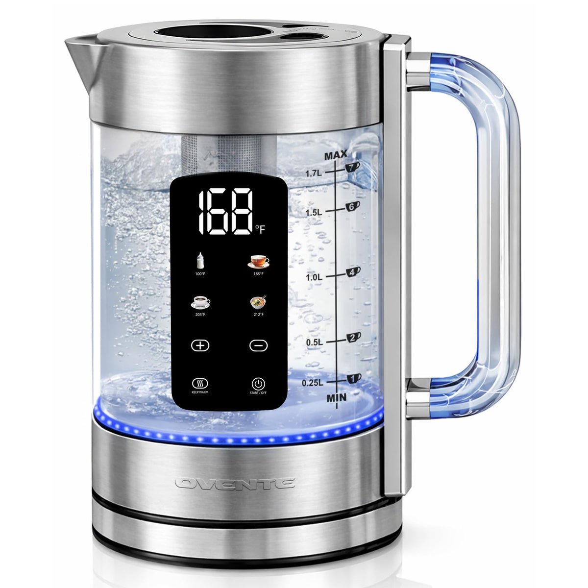 OVENTE digital glass kettle with LED display showing precise temperature during heating