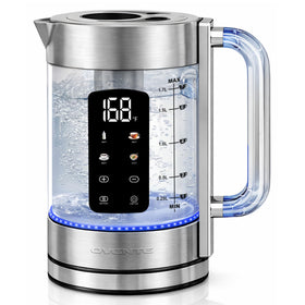 OVENTE digital glass kettle with LED display showing precise temperature during heating