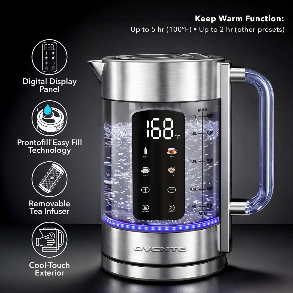 OVENTE kettle with color-changing LEDs indicating heat level for quick temp awareness