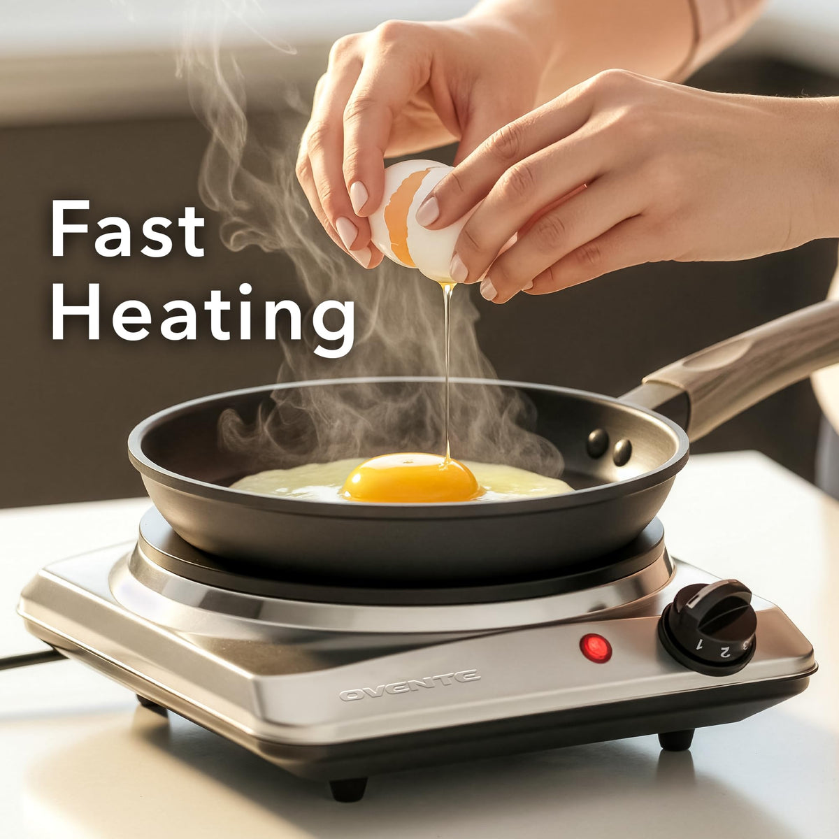 OVENTE compact burner in use in a dorm kitchen setting.