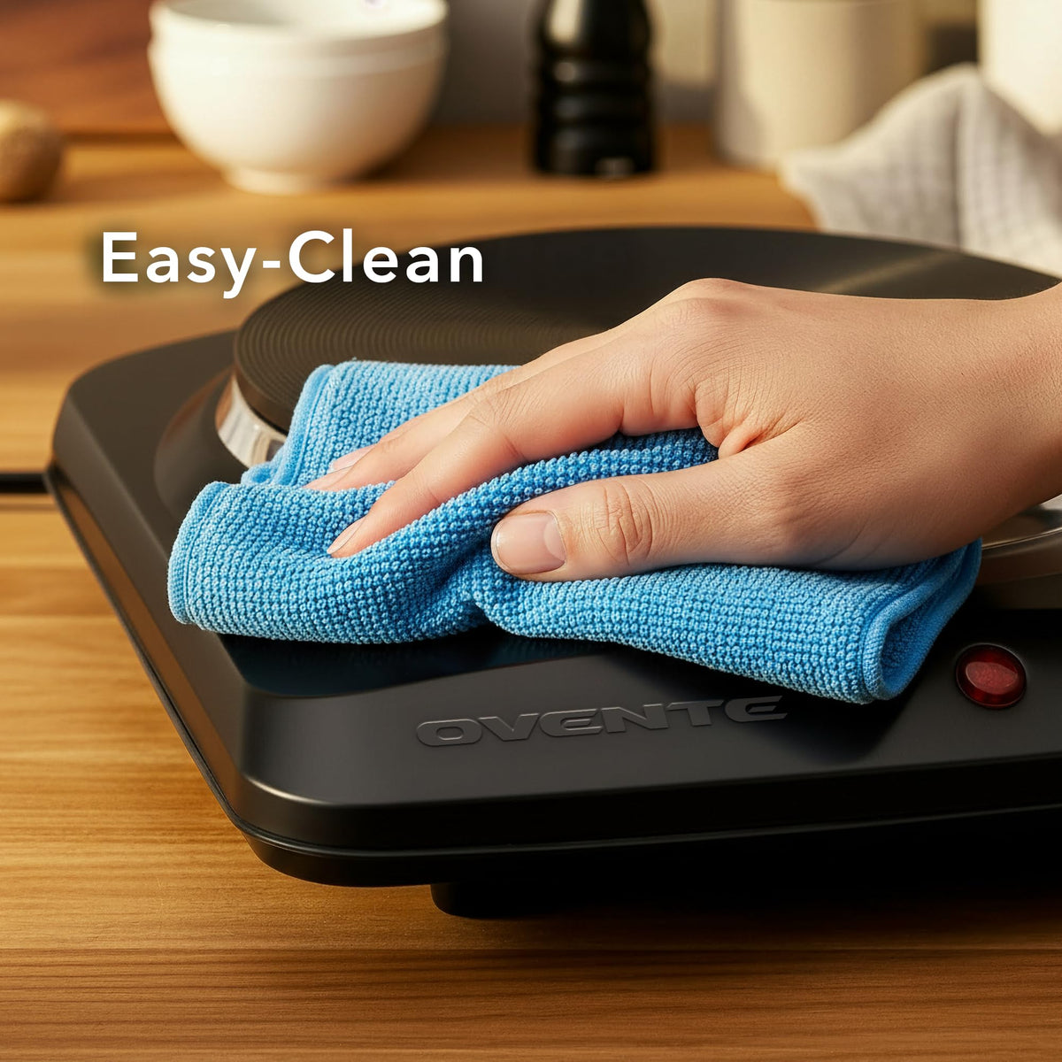 OVENTE easy-clean surface wipes down quickly after cooking.