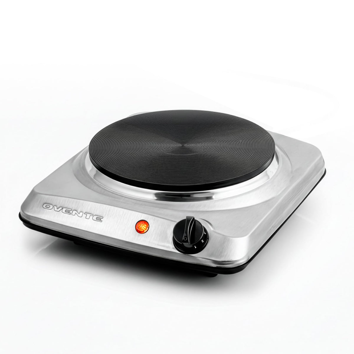 OVENTE electric burner with 7.25-inch cast-iron plate for even heating.