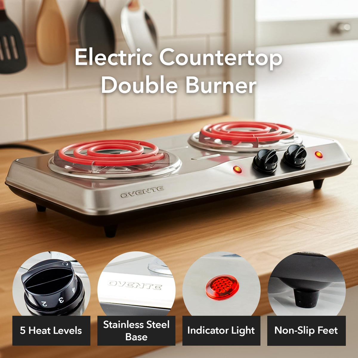 OVENTE electric double burner with a 5-75-inch plate for versatile cooking in apartments.