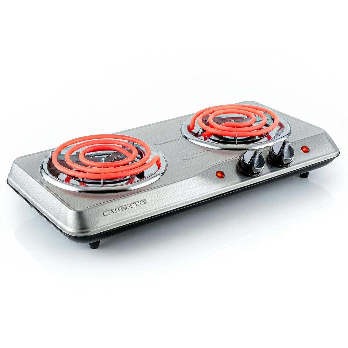 OVENTE electric double burner with a 6-inch plate on a kitchen counter, compact and fast-heating.