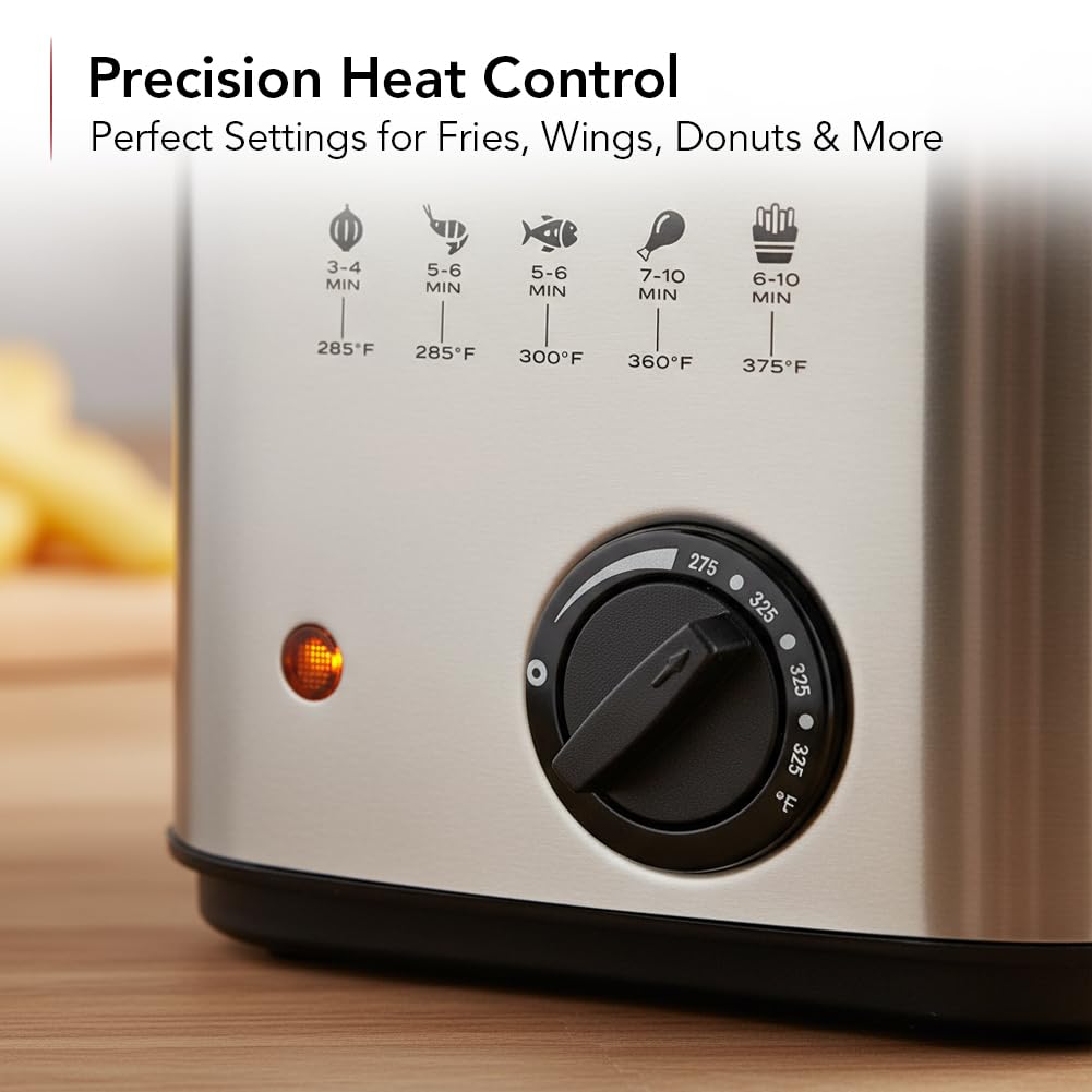 OVENTE deep fryer removable basket for easy draining and serving.