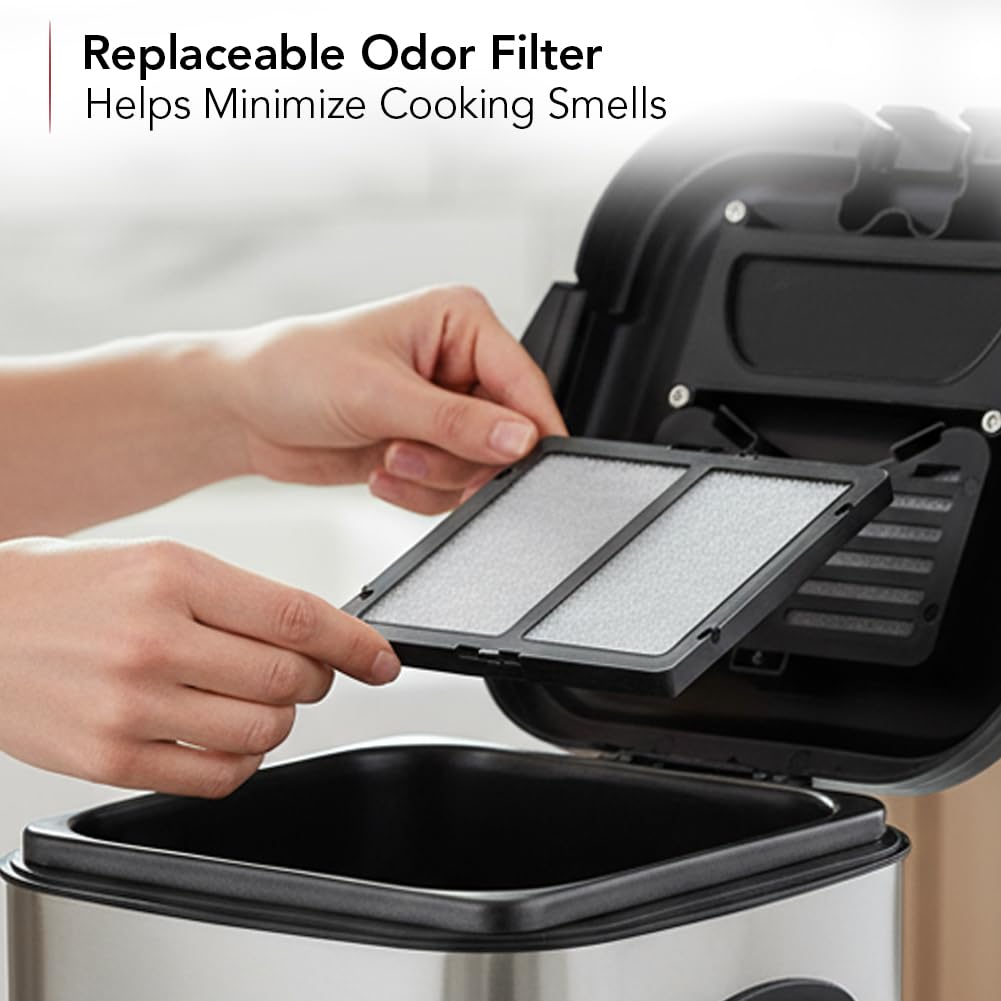 OVENTE silver countertop fryer that fits compact kitchens and apartments.