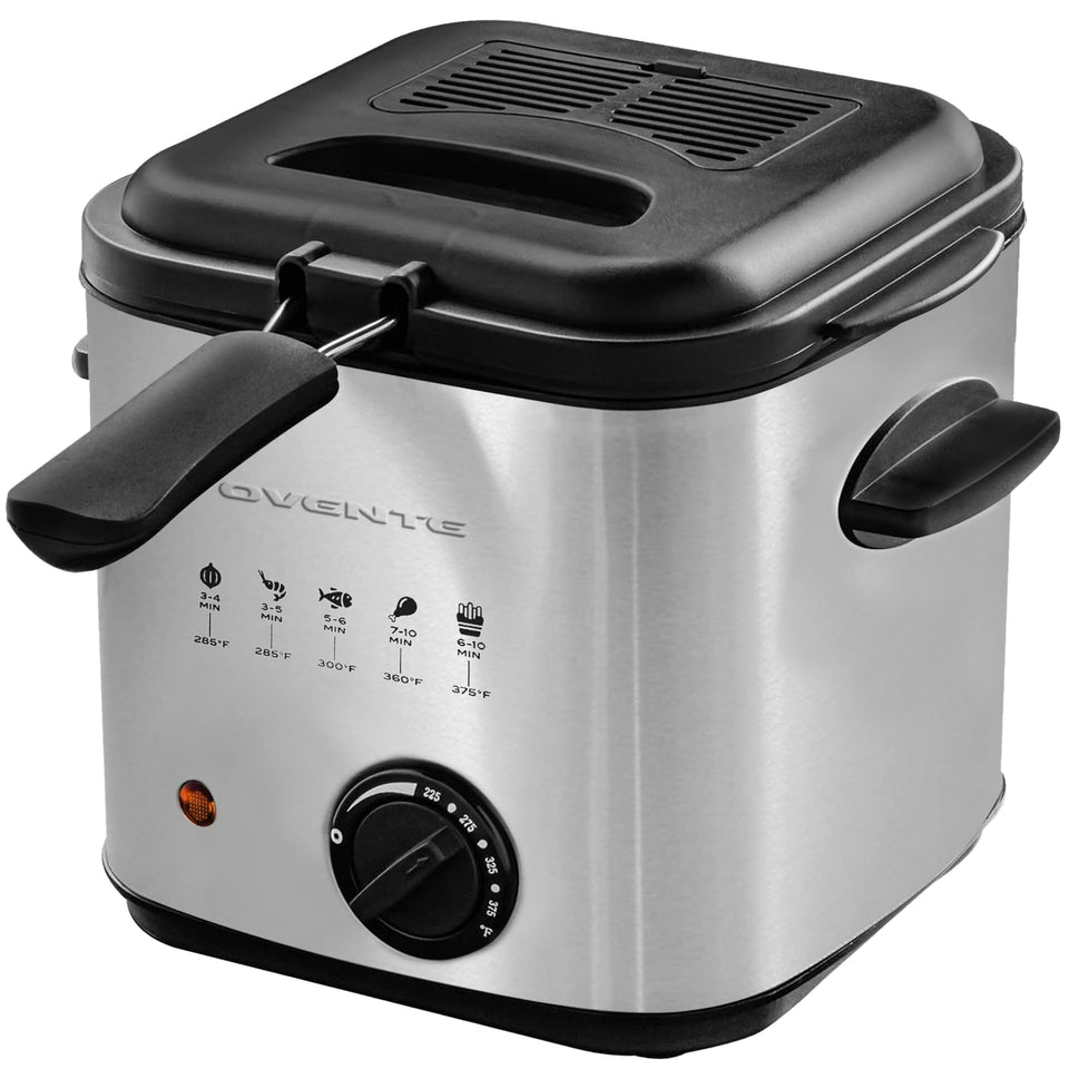 OVENTE electric deep fryer with viewing window for precise fry monitoring.