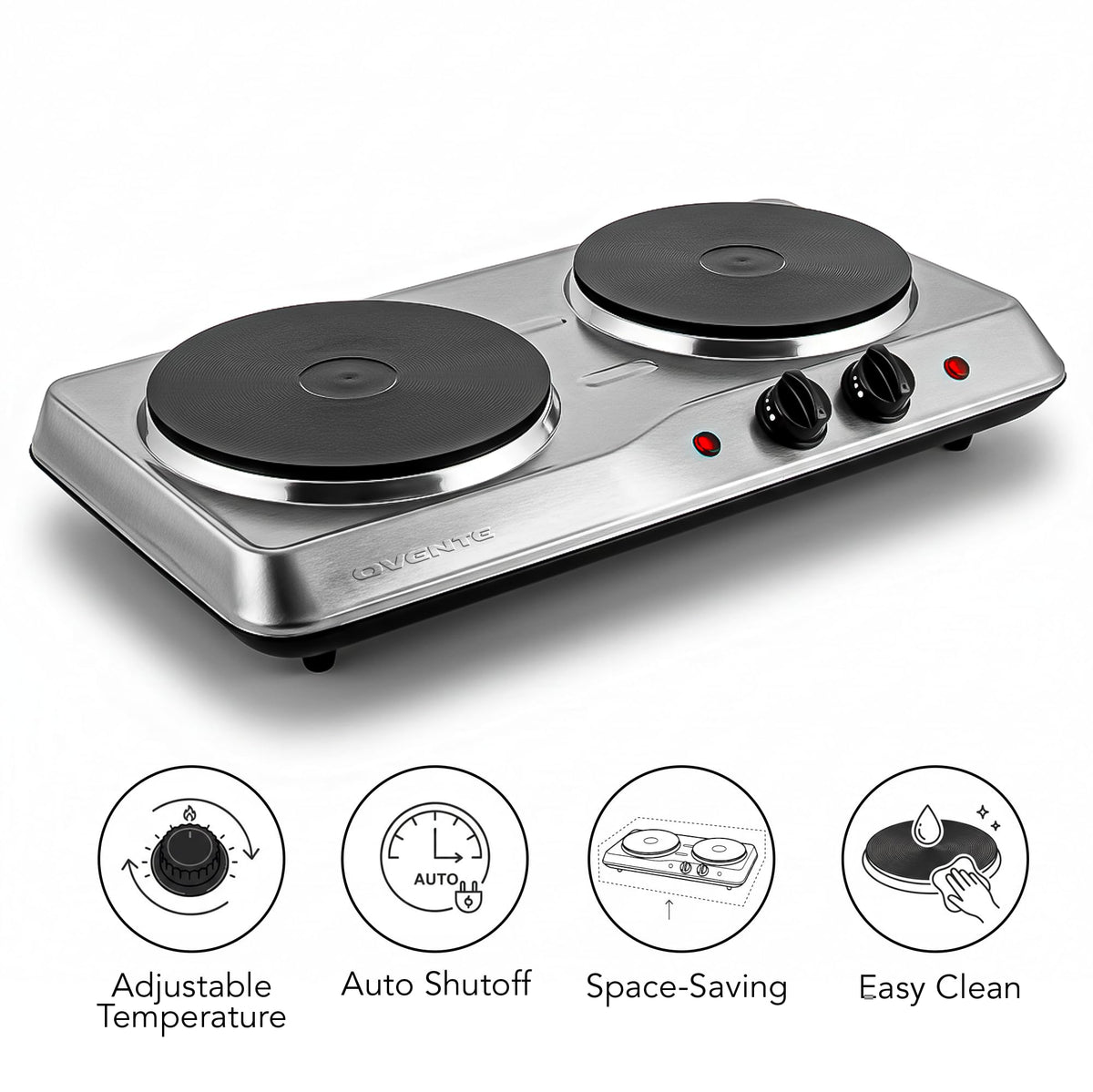 OVENTE double burner with 6.10-inch plate for compact pots and pans.