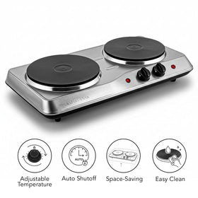 OVENTE double burner with 6.10-inch plate for compact pots and pans.