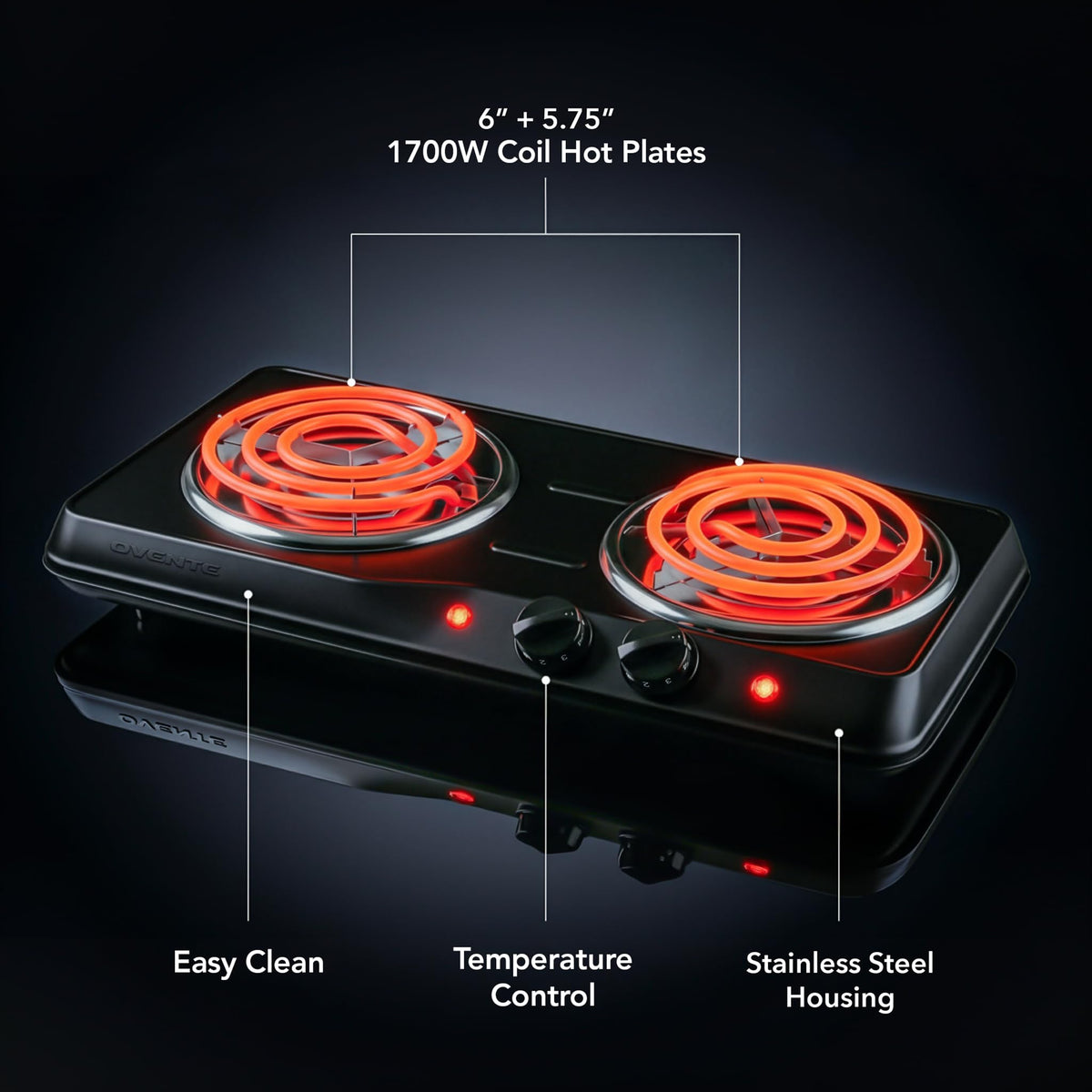 OVENTE control panel and knobs for precise temperature adjustments.