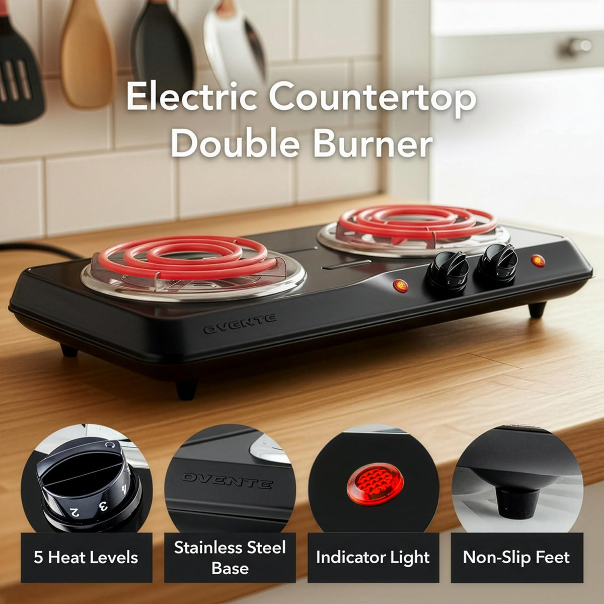 OVENTE electric double burner with five point three quarter inch plate for versatile cooking.