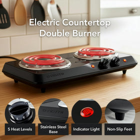OVENTE electric double burner with five point three quarter inch plate for versatile cooking.