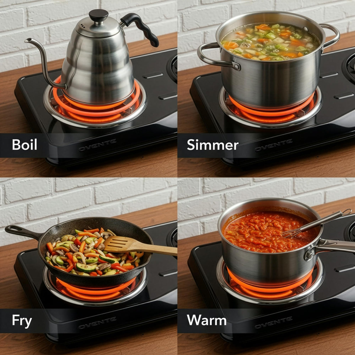 OVENTE stainless steel base provides durable, easy-clean cooking surface.
