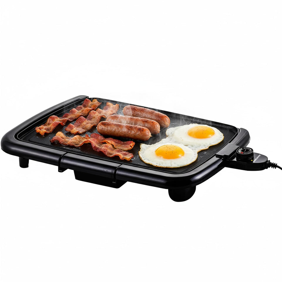 OVENTE electric griddle top view shows the 16x10 inch surface for family breakfasts