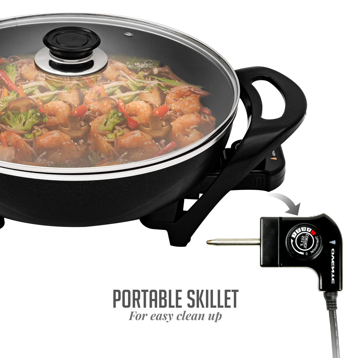 OVENTE 400°F max temperature control for versatile stir-fry capabilities.
