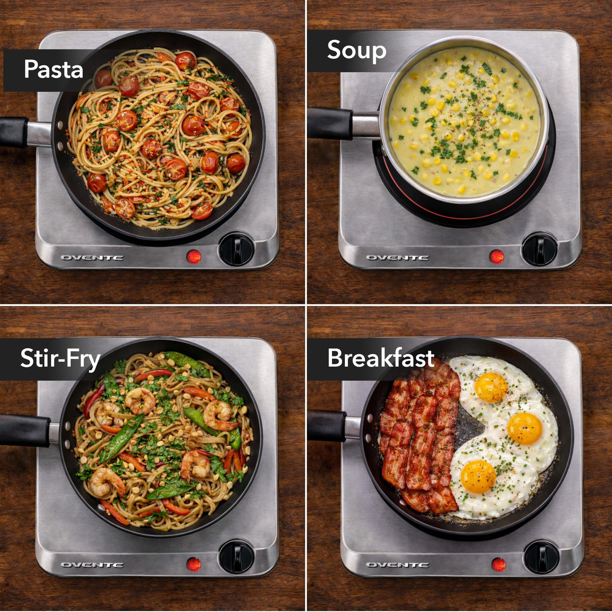 OVENTE flat cookware compatibility ensures versatile use with most pots and pans.