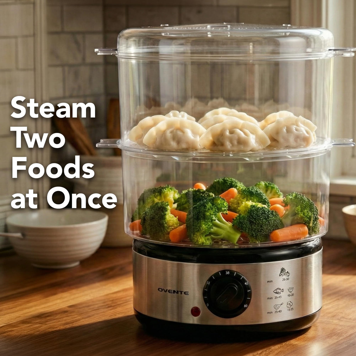 OVENTE FS62S dishwasher-safe baskets simplify cleanup after steaming.