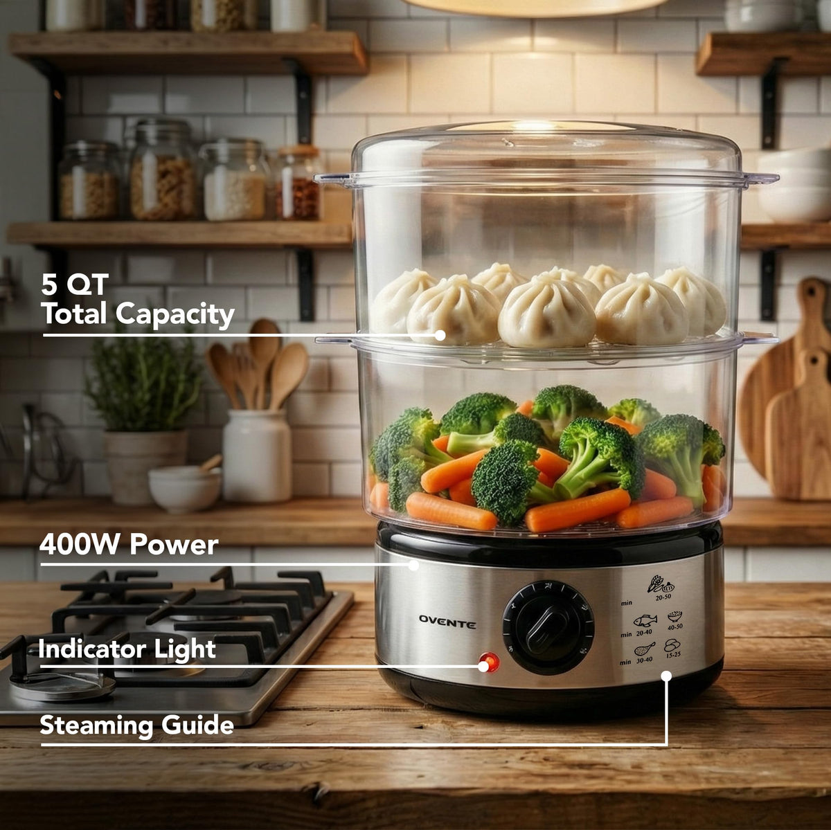 OVENTE FS62S dual-tier baskets enable simultaneous steaming of multiple foods.