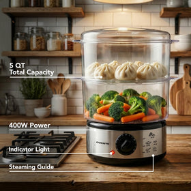 OVENTE FS62S dual-tier baskets enable simultaneous steaming of multiple foods.