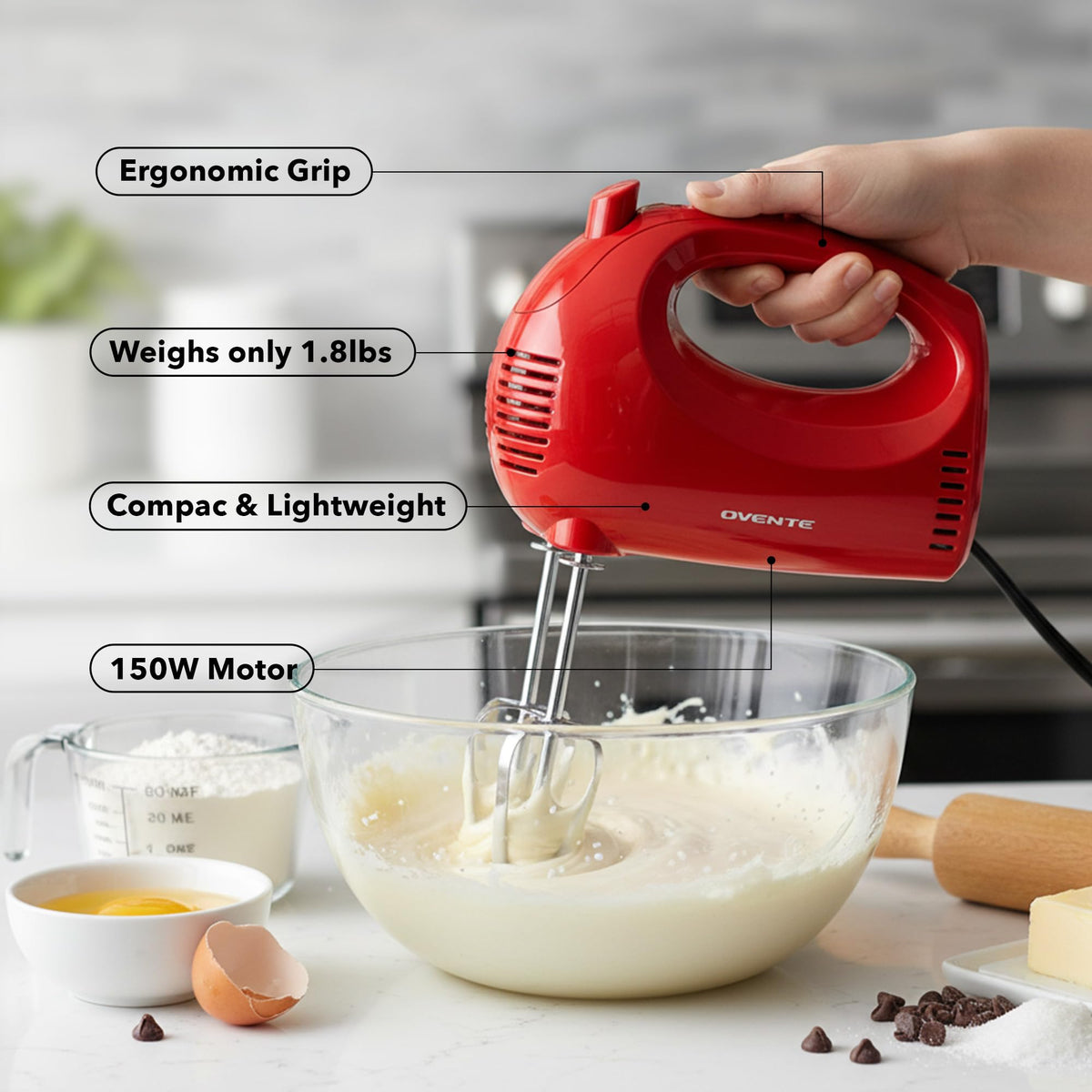 OVENTE HM151R ergonomic grip reduces hand fatigue during use