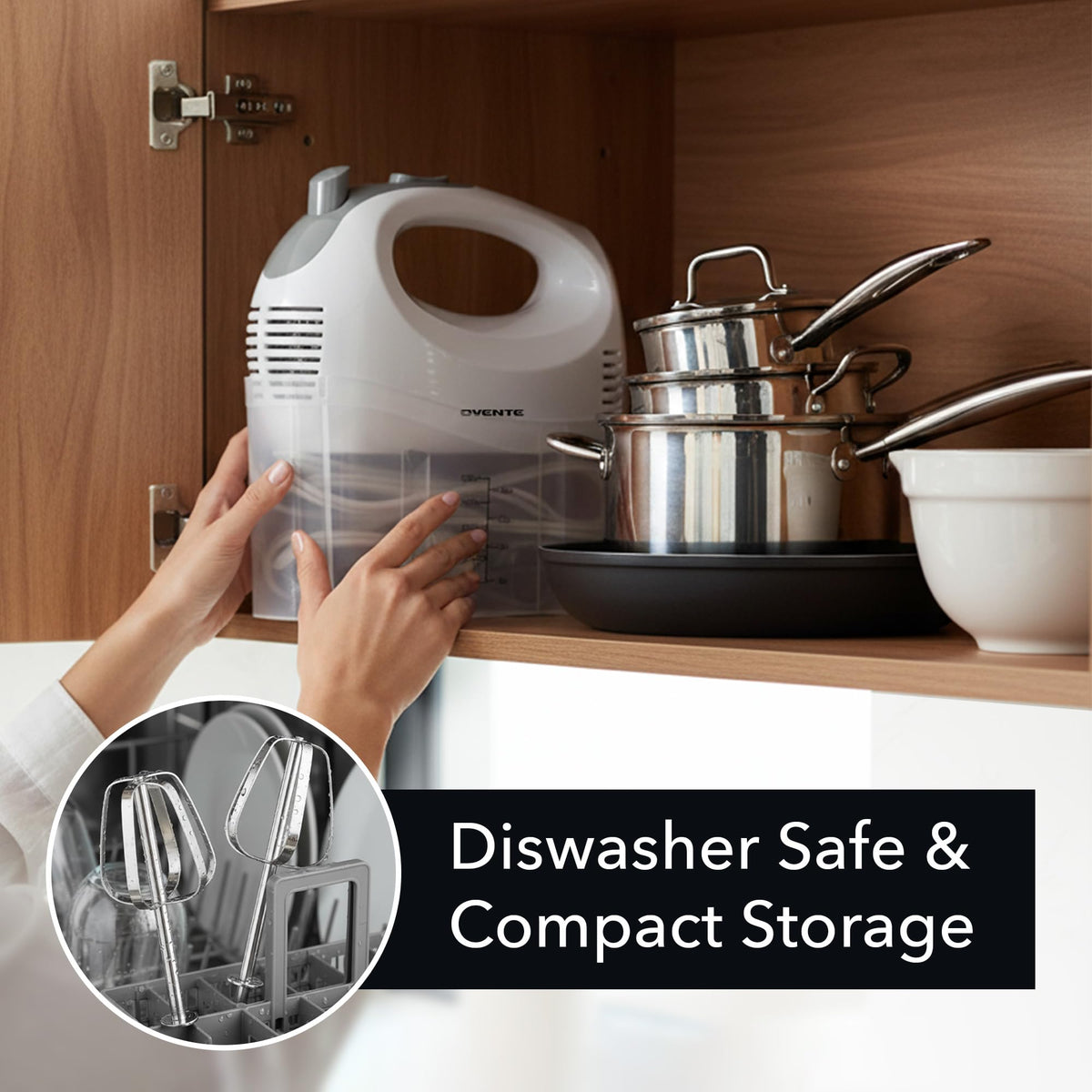 Dishwasher-safe beaters and wipe-clean motor body simplify cleanup.