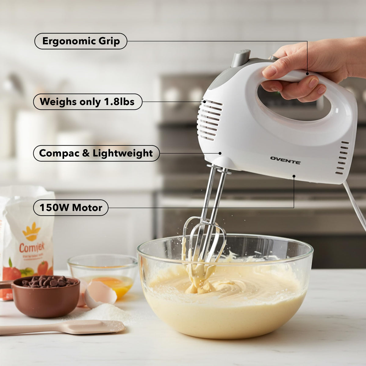 Two stainless steel whisk beaters in OVENTE HM151W for smooth mixing.