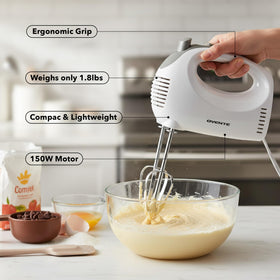 Two stainless steel whisk beaters in OVENTE HM151W for smooth mixing.