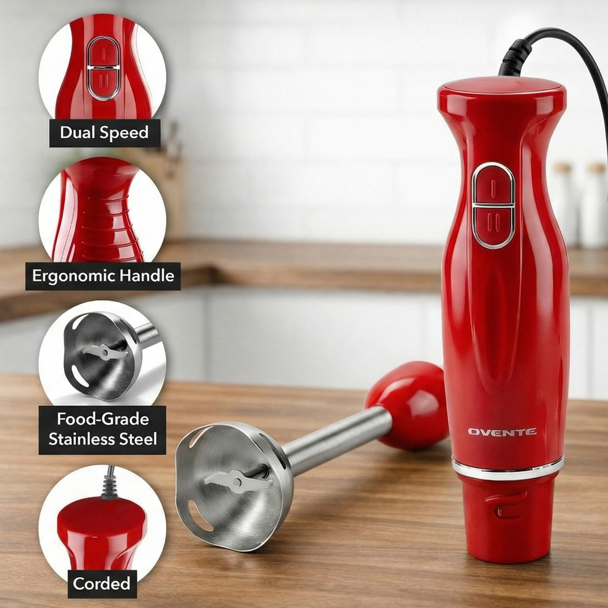 OVENTE immersion blender with 2 speeds for soft and frozen ingredients.