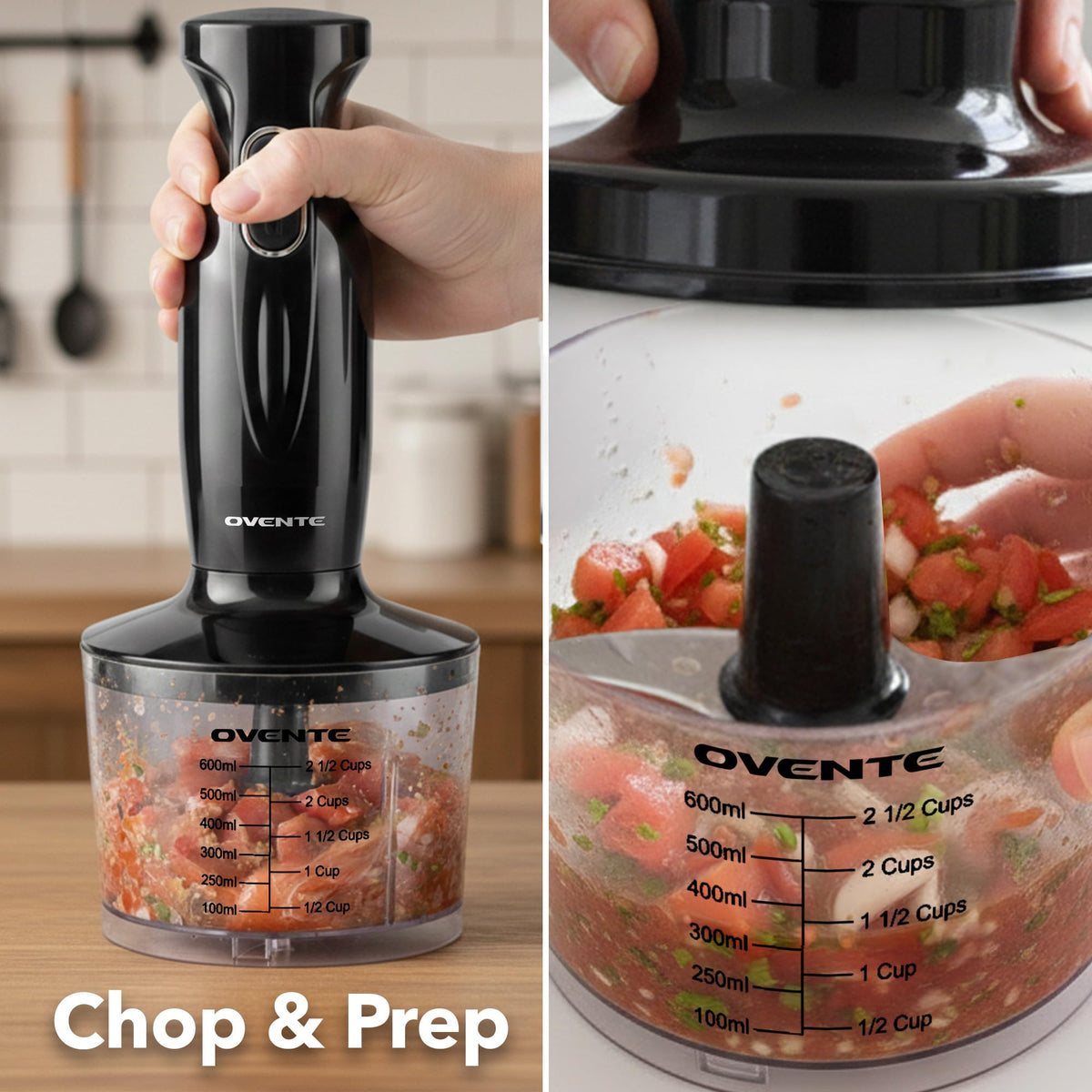 OVENTE food chopper attachment speeds up chopping veggies and nuts.