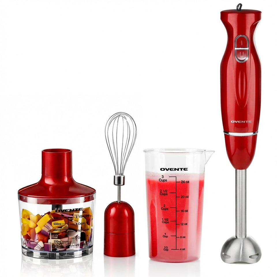OVENTE immersion blender HS565R for smooth sauces and purees with a powerful 300W motor.