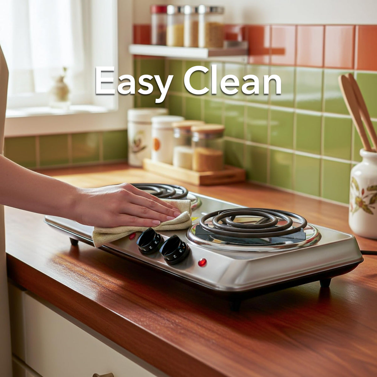 OVENTE indicator lights show when the burner warms, helping manage cooking steps.