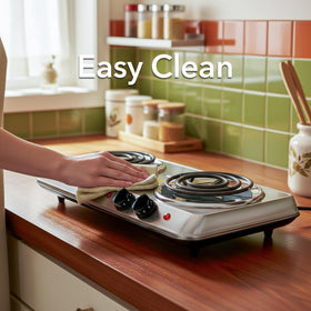 OVENTE indicator lights show when the burner warms, helping manage cooking steps.