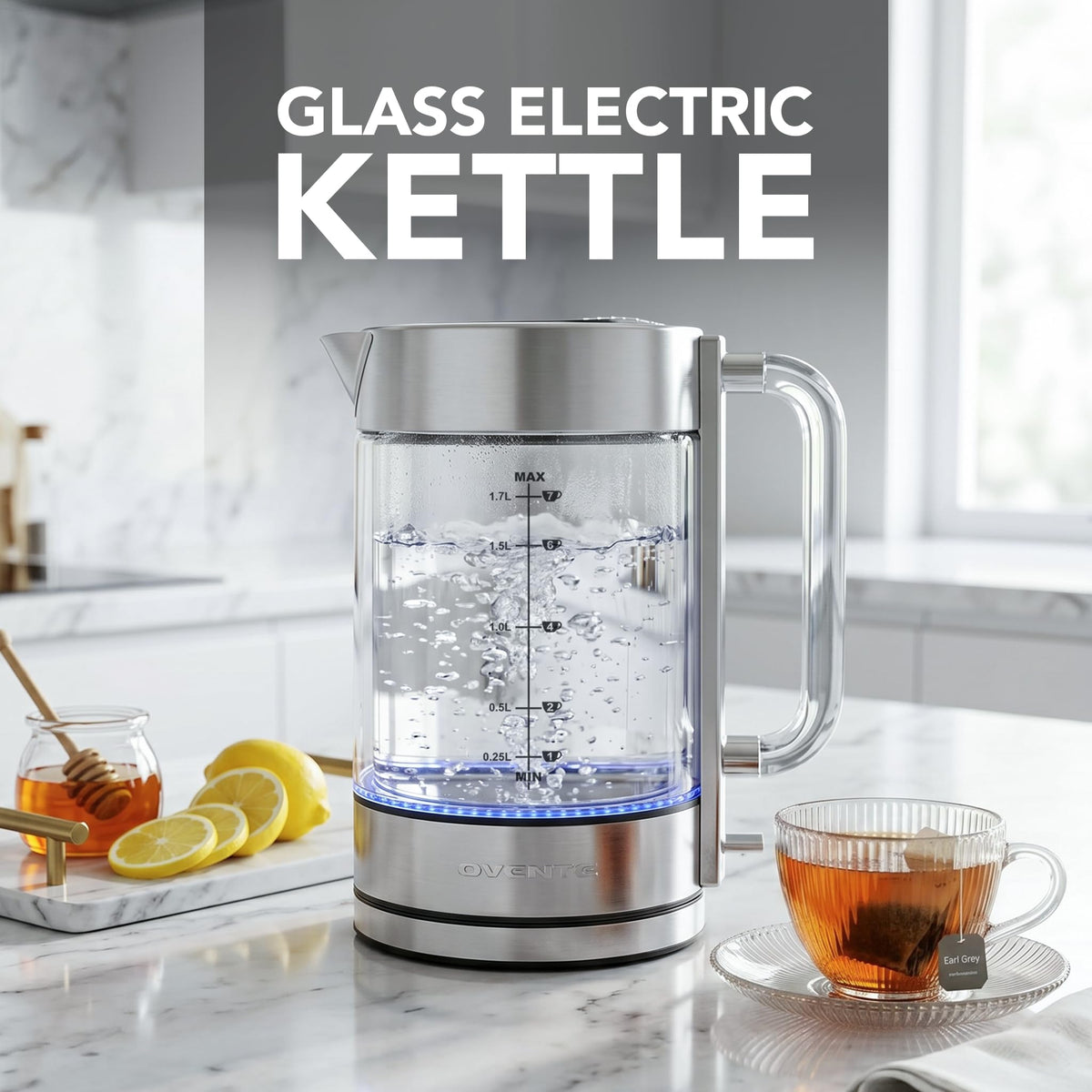 OVENTE kettle with 360-degree rotating base for easy handling.