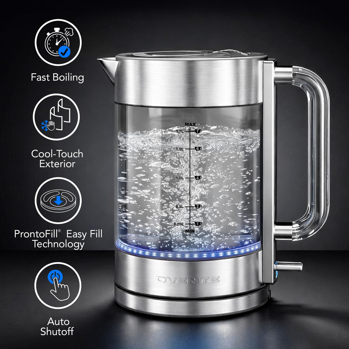 OVENTE kettle blue LED boil indicator lights during use.